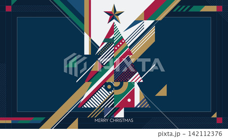 Merry Christmas with abstract geometric Christmas tree on navy blue frame background modern retro style horizontal template have blank space. Merry Christmas with abstract geometric Christmas tree on navy blue frame background modern retro style horizontal template have blank space. 142112376