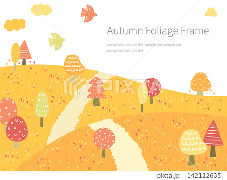 紅葉する丘と木々が広がる北欧風の秋フレームイラスト 紅葉する丘と木々が広がる北欧風の秋フレームイラスト 142112635