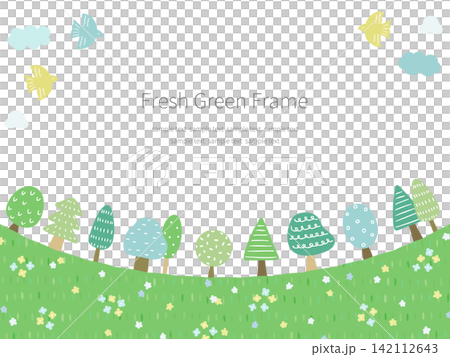 A Scandinavian-style landscape frame illustration featuring trees arranged in a curved line. A Scandinavian-style landscape frame illustration featuring trees arranged in a curved line. 142112643