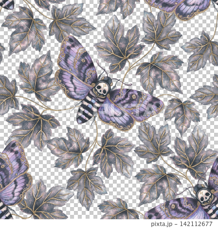 Death head moth with gray ivy leaves seamless pattern. Hand drawn watercolor witchcraft botanical background. Texture graphic for halloween design. Dark decorative repeat for fabric or wallpaper. Death head moth with gray ivy leaves seamless pattern. Hand drawn watercolor witchcraft botanical background. Texture graphic for halloween design. Dark decorative repeat for fabric or wallpaper. 142112677