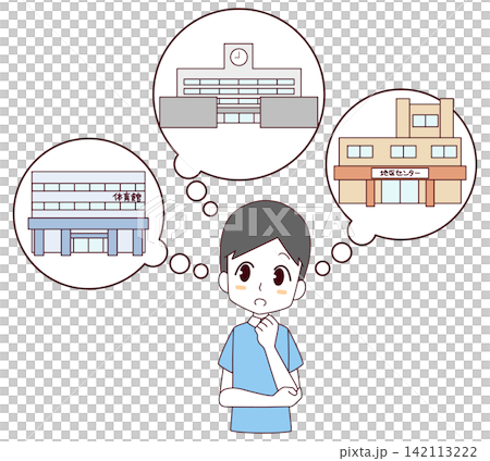 An illustration of a man thinking about evacuation shelters during disasters. An illustration of a man thinking about evacuation shelters during disasters. 142113222