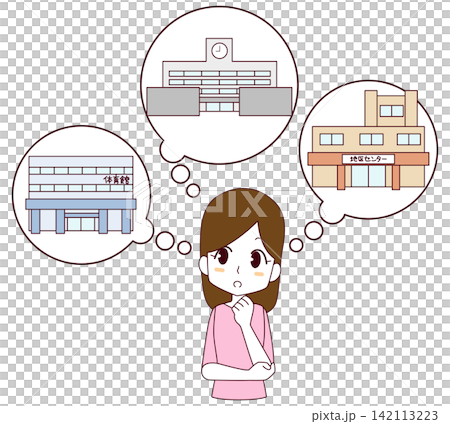 An illustration of a woman thinking about evacuation shelters during disasters. An illustration of a woman thinking about evacuation shelters during disasters. 142113223