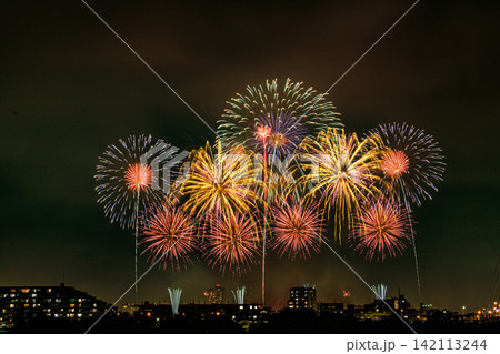 夜空に咲くカラフルな花火 142113244