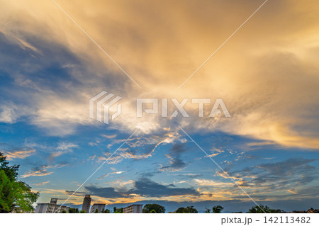 明るい夕焼け雲が広がるファンタスティックな夏の風景 明るい夕焼け雲が広がるファンタスティックな夏の風景 142113482