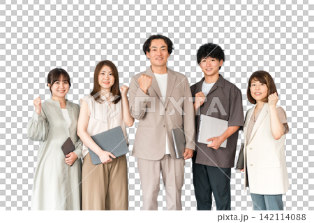会社のオフィスにいる男女のビジネスマン・オフィスカジュアル(ガッツポーズ,やる気,期待,成功) 会社のオフィスにいる男女のビジネスマン・オフィスカジュアル(ガッツポーズ,やる気,期待,成功) 142114088