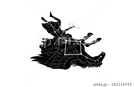 秋の大四辺形の白黒イラスト(シルエット気味で星座の絵と星座線と四辺形、白色のアウトラインあり) 秋の大四辺形の白黒イラスト(シルエット気味で星座の絵と星座線と四辺形、白色のアウトラインあり) 142114743