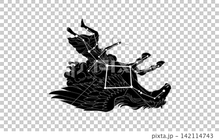 秋季大四邊形的黑白插圖(星座、星座線和四邊形的剪影影像,帶有白色輪廓)。 秋季大四邊形的黑白插圖(星座、星座線和四邊形的剪影影像,帶有白色輪廓)。 142114743