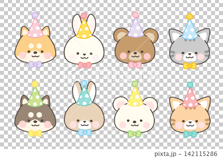 A set of animal face icons wearing party hats and bow ties. A set of animal face icons wearing party hats and bow ties. 142115286