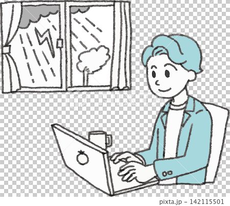 Illustration of a man working from home due to a typhoon/bad weather (working from home, disaster prevention, safety, 2 colors) Illustration of a man working from home due to a typhoon/bad weather (working from home, disaster prevention, safety, 2 colors) 142115501