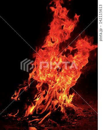 Hot red fire display. Dense overlapping flames on black background. High temperature combustion. Sharp fire details. Hot red fire display. Dense overlapping flames on black background. High temperature combustion. Sharp fire details. 142115613