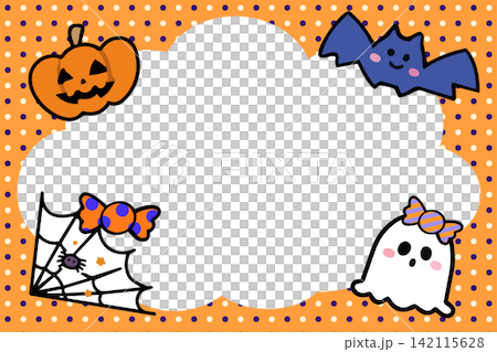 Bat and candy Halloween frame with purple polka dots on a pumpkin-colored background. Bat and candy Halloween frame with purple polka dots on a pumpkin-colored background. 142115628