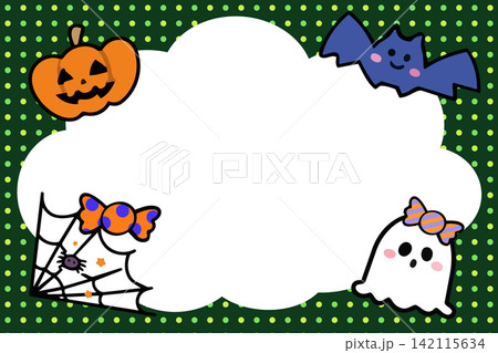 おばけとコウモリのハロウィンフレーム 深緑地に蛍光グリーンの水玉 142115634