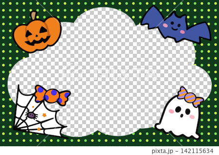 おばけとコウモリのハロウィンフレーム 深緑地に蛍光グリーンの水玉 142115634