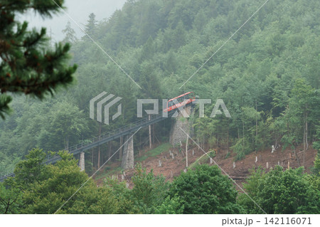 Harder Kulm Funicular Traveling Through Misty Swiss Alps, Interlaken, Switzerland. Scenic Mountain Railway in the Bernese Oberland. Top of Interlaken. 9 June 2026, Bern, Switzerland Harder Kulm Funicular Traveling Through Misty Swiss Alps, Interlaken, Switzerland. Scenic Mountain Railway in the Bernese Oberland. Top of Interlaken. 9 June 2026, Bern, Switzerland 142116071