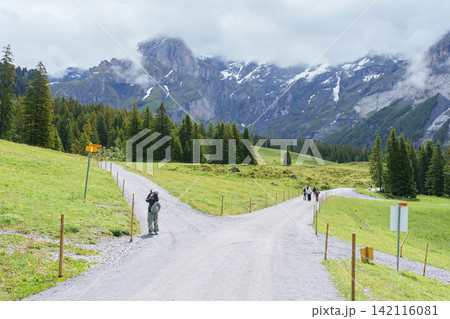 view of tourist walking on trail with wildflowers and green meadow Swiss Alps in summer. landscape of Oeschinensee or Oeschinen Lake, Kandersteg, Switzerland. 11 June 2026, Bern, Switzerland view of tourist walking on trail with wildflowers and green meadow Swiss Alps in summer. landscape of Oeschinensee or Oeschinen Lake, Kandersteg, Switzerland. 11 June 2026, Bern, Switzerland 142116081