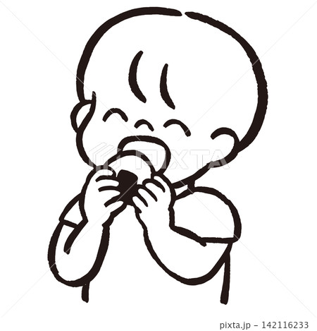 おにぎりを食べる男の子の線画イラスト|子どもの食事・食育・日本食・塗り絵素材 おにぎりを食べる男の子の線画イラスト|子どもの食事・食育・日本食・塗り絵素材 142116233