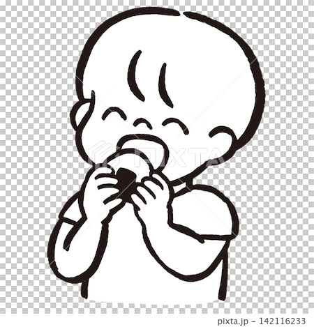 おにぎりを食べる男の子の線画イラスト|子どもの食事・食育・日本食・塗り絵素材 おにぎりを食べる男の子の線画イラスト|子どもの食事・食育・日本食・塗り絵素材 142116233