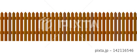 Wooden picket fence seamless background. Brown wood plank barrier for farm, park, backyard, frontward, garden, country field, palisade. Repeating rustic enclosure border. Vector illustration Wooden picket fence seamless background. Brown wood plank barrier for farm, park, backyard, frontward, garden, country field, palisade. Repeating rustic enclosure border. Vector illustration 142116546
