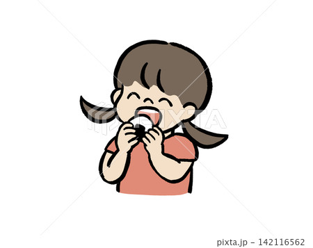 おにぎりを食べる笑顔の女の子｜子どもの食事・日本食・ランチのイラスト 142116562