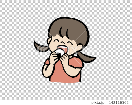 おにぎりを食べる笑顔の女の子｜子どもの食事・日本食・ランチのイラスト 142116562