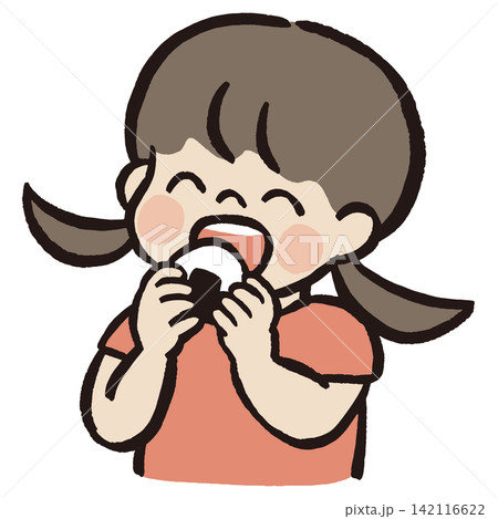 おにぎりを食べる笑顔の女の子|子どもの食事・食育・健康的な食生活のベクターイラスト おにぎりを食べる笑顔の女の子|子どもの食事・食育・健康的な食生活のベクターイラスト 142116622