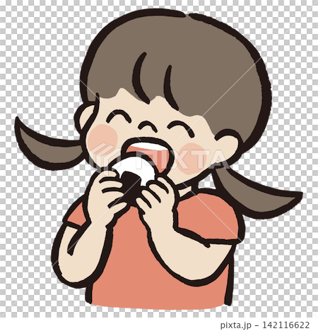 おにぎりを食べる笑顔の女の子|子どもの食事・食育・健康的な食生活のベクターイラスト おにぎりを食べる笑顔の女の子|子どもの食事・食育・健康的な食生活のベクターイラスト 142116622