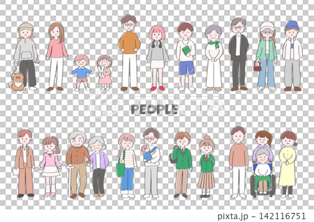 様々な世代の手書きのかわいい人物全身イラストセット 142116751