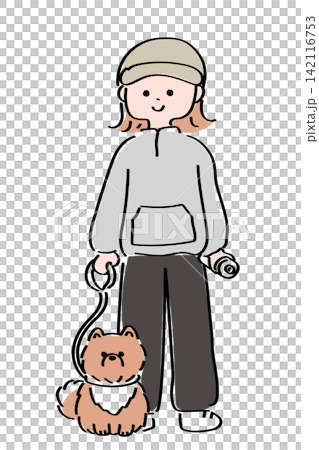 一幅可愛的手繪插圖,描繪了一位女士牽著一隻博美犬散步。 一幅可愛的手繪插圖,描繪了一位女士牽著一隻博美犬散步。 142116753