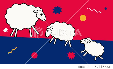 Three White Sheep on Red and Blue Geometric Background 142116788