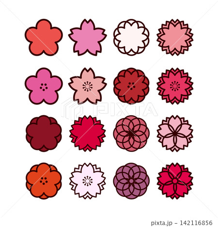 春のお祝いや和風デザインに使える様々な梅と桜の花のアイコンセット 142116856