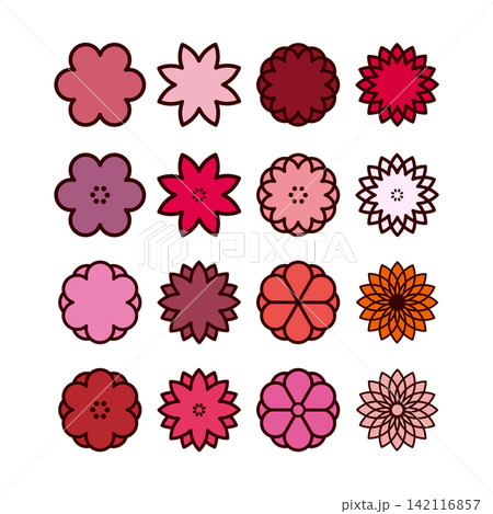 様々なデザインの和風の花モチーフを集めた華やかなイラストセット 様々なデザインの和風の花モチーフを集めた華やかなイラストセット 142116857
