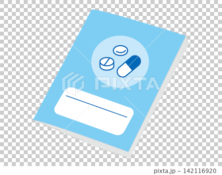 Illustrations for a medication record book; a record notebook with medication symbols. 142116920