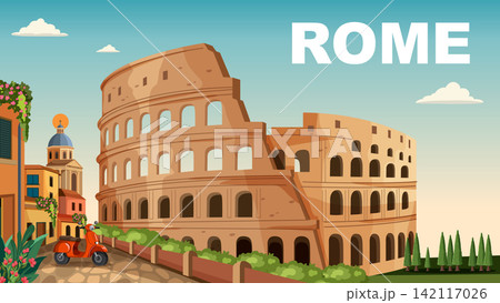 Vintage Travel Poster of Rome Italy with Colosseum and Red Scooter 142117026