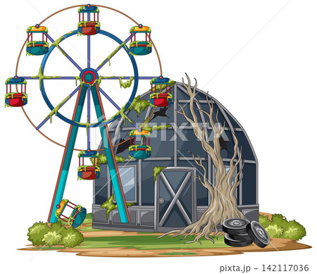 Abandoned Ferris Wheel Beside Derelict Building and Dead Tree 142117036