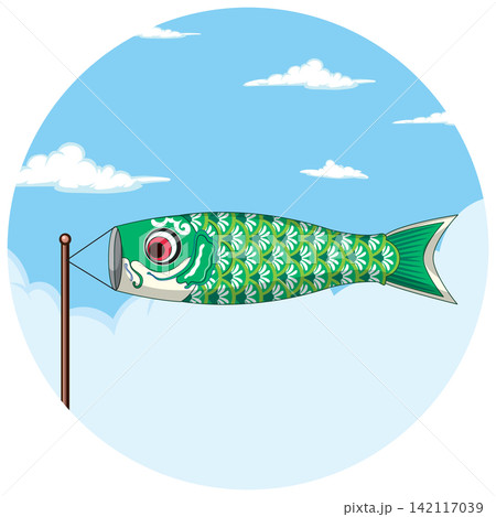 Green Koinobori Carp Windsock Flying in Blue Sky 142117039