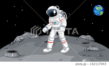 Astronaut Walking on the Moon Surface with Earth in Background 142117043