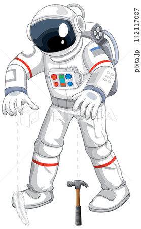 Astronaut Vector Illustration Performing Gravity Experiment with Feather and Hammer Astronaut Vector Illustration Performing Gravity Experiment with Feather and Hammer 142117087