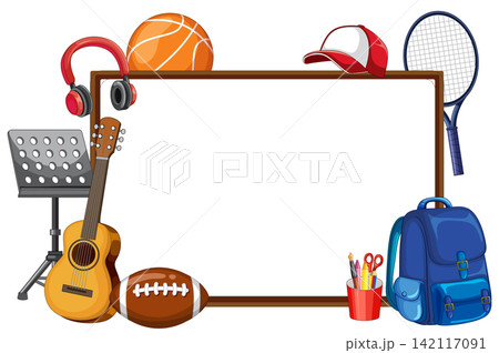 Blank Whiteboard Frame Surrounded by School Supplies and Sports Equipment Blank Whiteboard Frame Surrounded by School Supplies and Sports Equipment 142117091