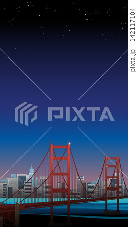 Red Suspension Bridge Over Water with City Skyline at Night Red Suspension Bridge Over Water with City Skyline at Night 142117104