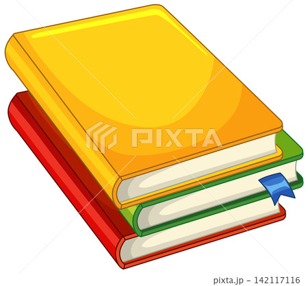 Stack of Three Colorful Hardcover Books with a Blue Bookmark 142117116
