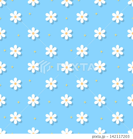 Classic sky blue floral seamless pattern with drop shadow and stars Classic sky blue floral seamless pattern with drop shadow and stars 142117203