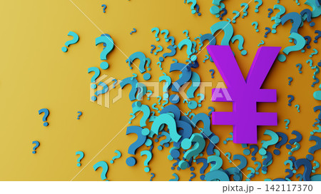 Purple Yen Symbol Surrounded By Blue Question Marks On Yellow Background Representing Financial Uncertainty Purple Yen Symbol Surrounded By Blue Question Marks On Yellow Background Representing Financial Uncertainty 142117370