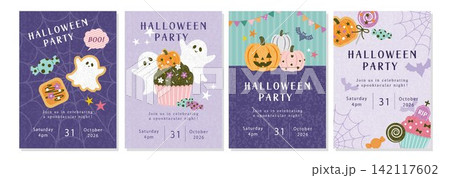 かわいいハロウィンパーティーの招待状カードセット。ハロウィンのポスター。 かわいいハロウィンパーティーの招待状カードセット。ハロウィンのポスター。 142117602