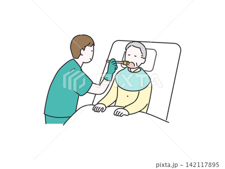 高齢者に口腔ケアを行う介護スタッフのイラスト 142117895