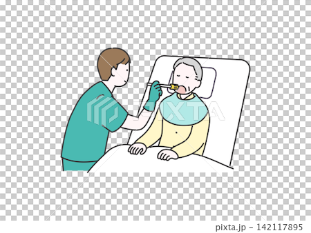 高齢者に口腔ケアを行う介護スタッフのイラスト 142117895
