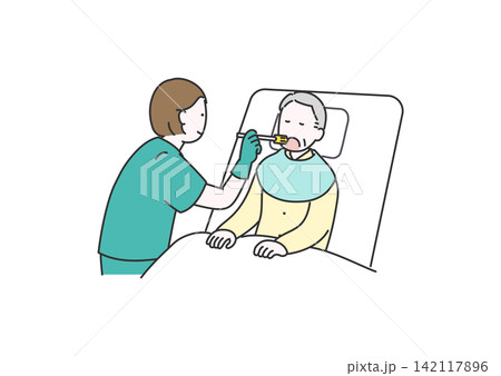 スポンジブラシで口腔ケアを行う介護スタッフのイラスト 142117896