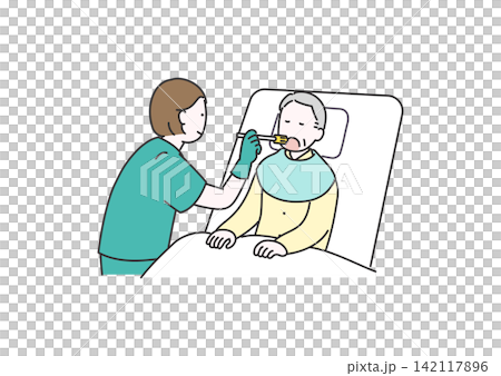 スポンジブラシで口腔ケアを行う介護スタッフのイラスト 142117896