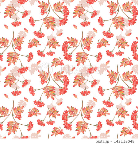 Watercolor rowan berry seamless pattern with colorful autumn foliage Watercolor rowan berry seamless pattern with colorful autumn foliage 142118049