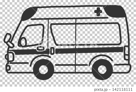 Simple and cute hand-drawn monochrome icon illustration of an ambulance; a hand-drawn vehicle illustration that can be used as an illustration. Simple and cute hand-drawn monochrome icon illustration of an ambulance; a hand-drawn vehicle illustration that can be used as an illustration. 142118111