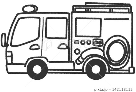 シンプルで可愛い手描きのポンプ車、消防車のモノクロアイコンイラスト 挿絵に使える車イラスト シンプルで可愛い手描きのポンプ車、消防車のモノクロアイコンイラスト 挿絵に使える車イラスト 142118113